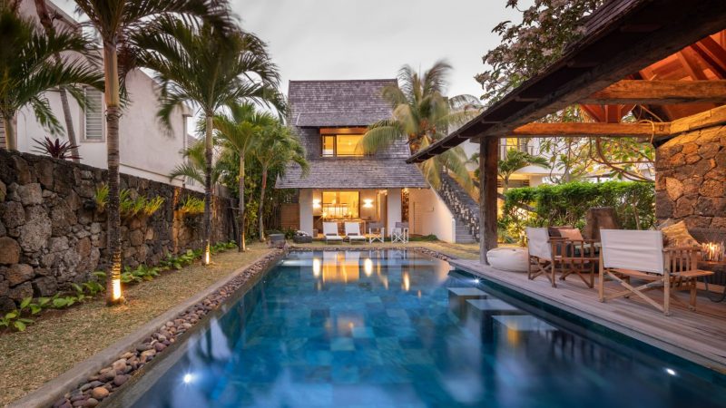 Spacious lounge and pool area of Villa Cambresi in Mauritius
